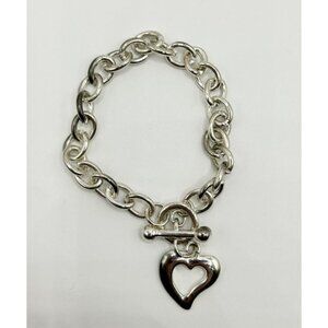 Floating Open Heart Chain Link Toggle Bracelet in 925 & Silvertone